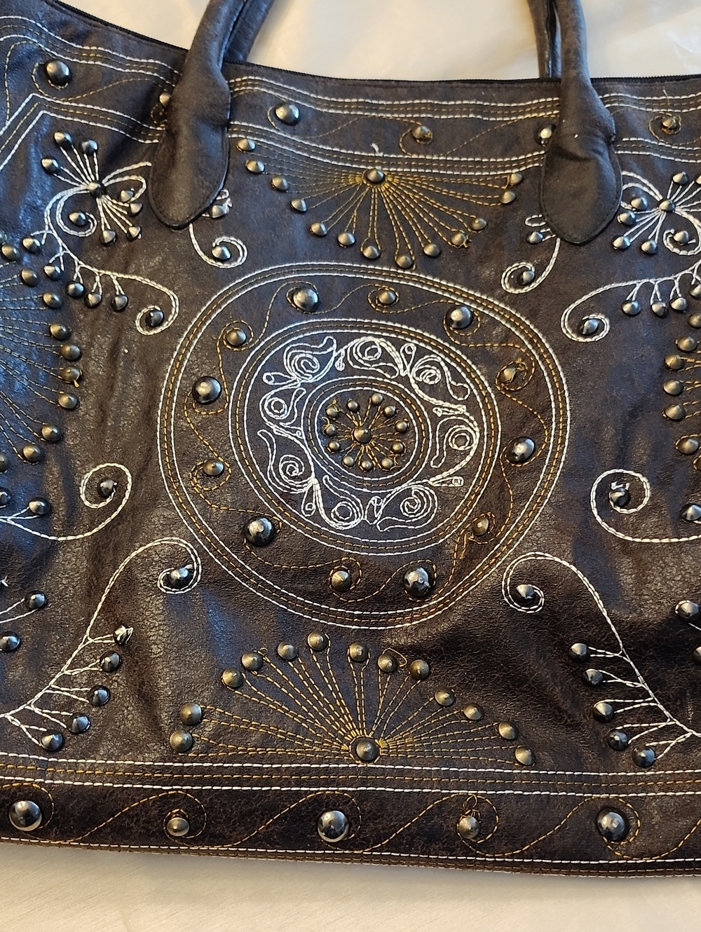 Hand Crafted Embroidered Brown Faux Leather Bohemian Style Large Tote Bag, $35 - Picture 2 of 11